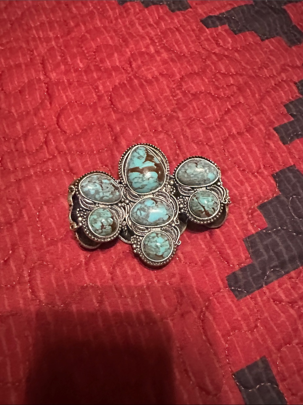 Turquoise Stone Cluster Brooch - Silver-Tone Setting